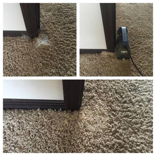 Carpet repair before and after image of corner.